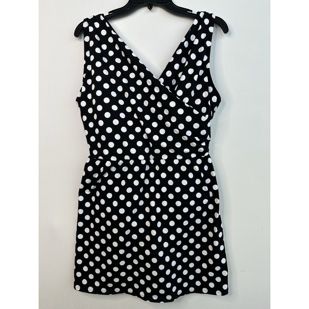 Lands End Womens Size 18W One Piece Skirted Swimsuit Dress Black White Polka Dot